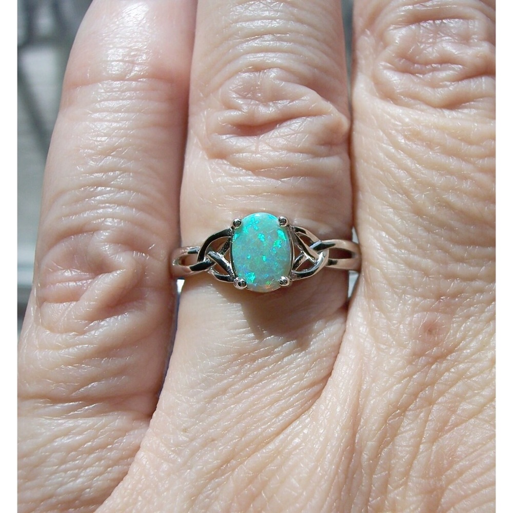 925 STERLING SILVER Lab Created Green Fire Opal Ring - Picture 6 of 16